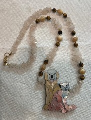 Lee Sands Best Friends Dog/Cat Shell Inlaid Nk. W Rose Quartz Tigers Eye MOP