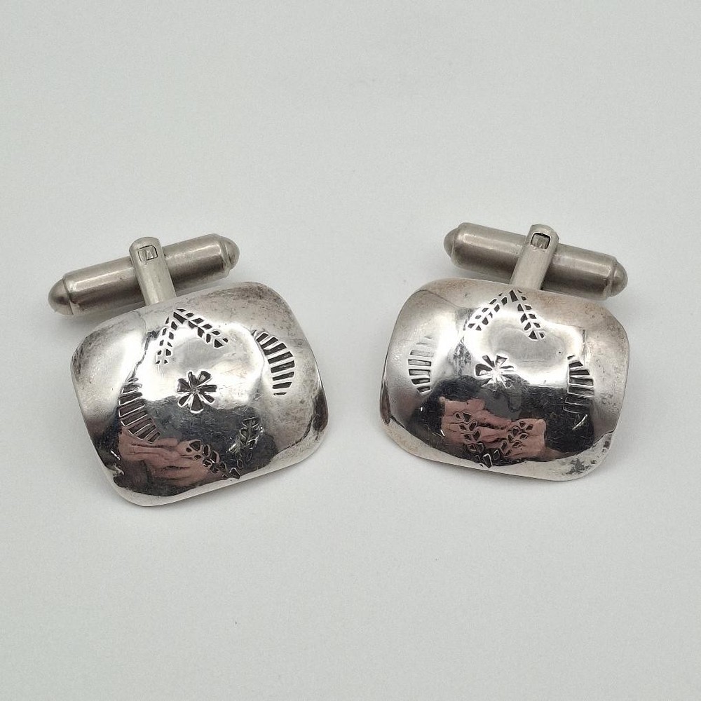 Vintage 925 Sterling Silver Native American Concho Stamped Bullet Back Cufflinks