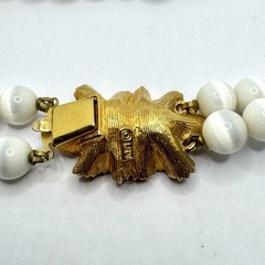 Vtg 50s Mode-Art Signed Double Strand White Beaded Necklace Gold Tone Clasp MCM