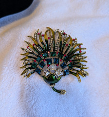 Multicolor Rhinestone Flower Fan 3 1/8″ x 3″ Dual Brooch Pin Pendant