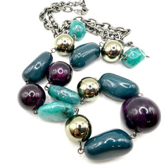 Vintage Colorful Chunky Bead Necklace Gunmetal Chain Artsy Statement 30″