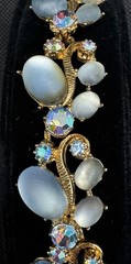 Vintage Blue Moonstone Cabochon Bracelet AB Rhinestones Gold Tone Mid Century