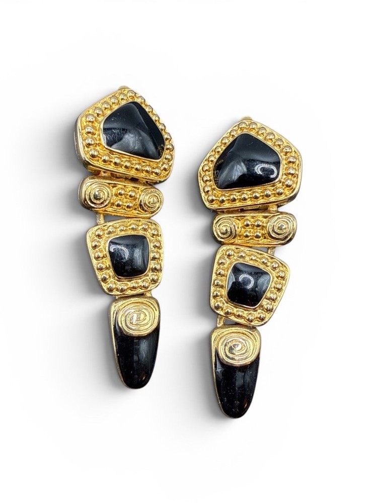 Erwin Pearl Vintage Dangle Gold Tone Black Enamel Clip On Earrings J6a