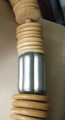 Vtg 70s Necklace Wooden Disc Beaded Boho Style w 2 metallic cylinder spacers