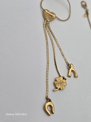 Vintage Monet Lariat Necklace Gold Tone Cream Enamel Good Luck Charms Heart