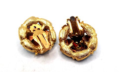 Vintage Signed Selro Selini Clip Earrings Blue Enamel Art Glass & Rhinestones