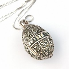 Egg Locket Necklace Vintage Sterling Silver Marcasite Secret Holder Compartment
