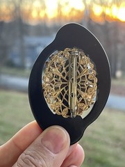 Vintage Bakelite Brooch Irregular Shape Rhinestones Gold Tone Czech Large