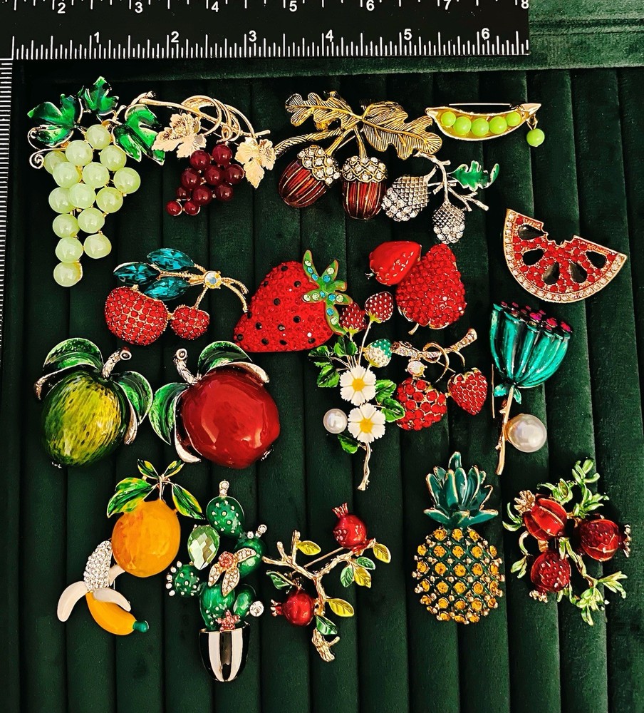 Lot 20 Fruit Brooches Rhinestone Enamel Watermelon Strawberry Grape Apple Pin