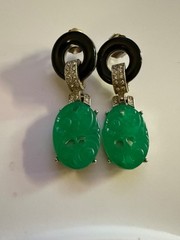 Kenneth Jay Lane Black and Jade Art Deco Pierced Dangle Earrings 2 inch Length