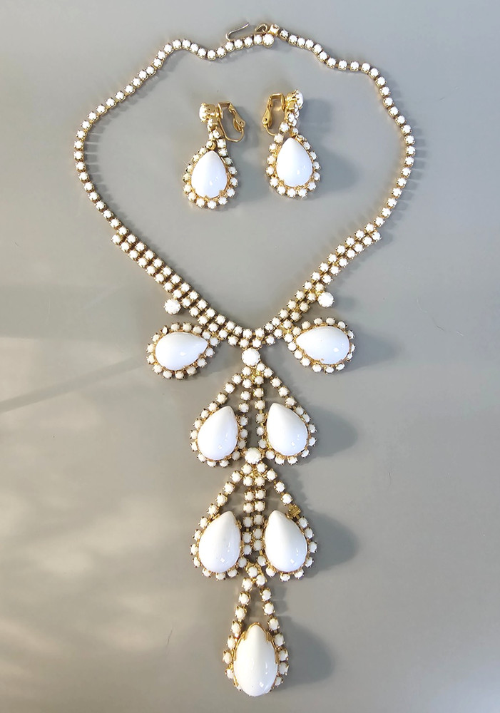 Vintage Milk Glass Rhinestone Bib Necklace Clip Earring Demi Parure 1950s Set