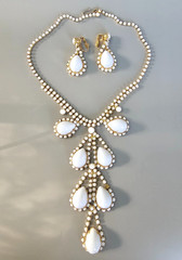 Vintage Milk Glass Rhinestone Bib Necklace Clip Earring Demi Parure 1950s Set