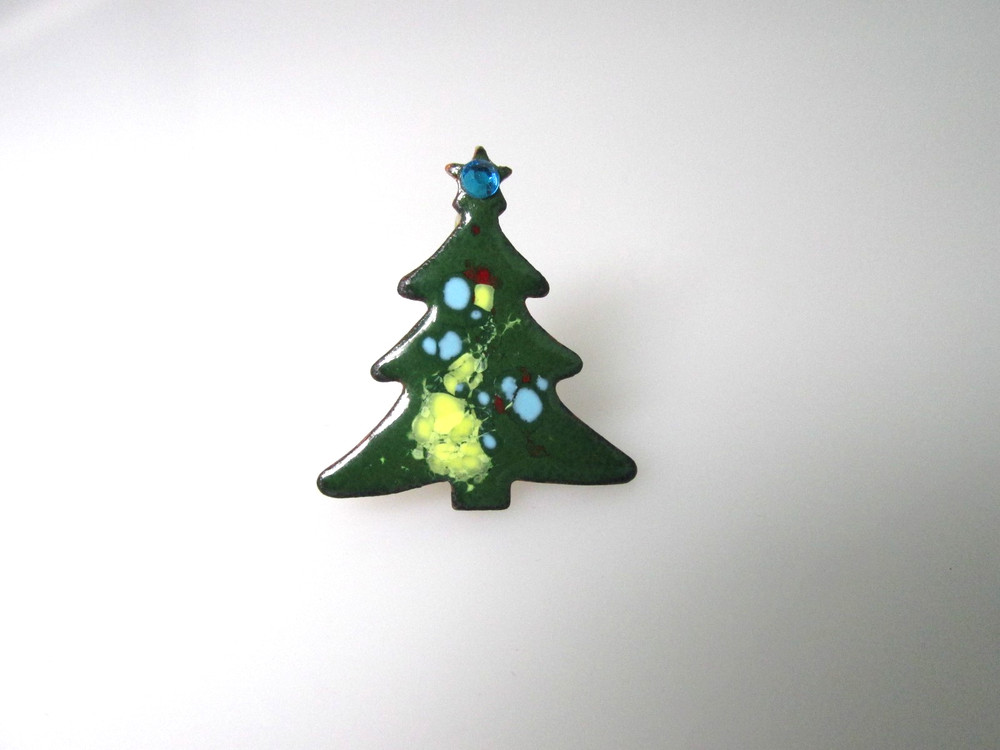 Vintage Mid Century Modern Enamel On Copper Christmas Tree Pin/Brooch Jewelry