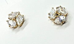 Earrings w/3 Clear Tear Drop Rhinestones On Each w Push-On Backs Gold-Tone Studs