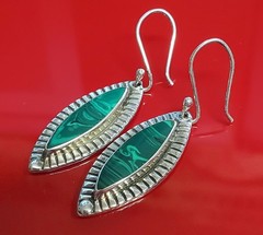 925 ATI Mexico Malachite Earrings 1.75in Drop Sterling Silver 6g Marquise Bezel