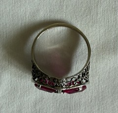Antique Art Deco 14K ADR White Gold Synthetic Ruby Filigree Marquise Ring Sz 6.5