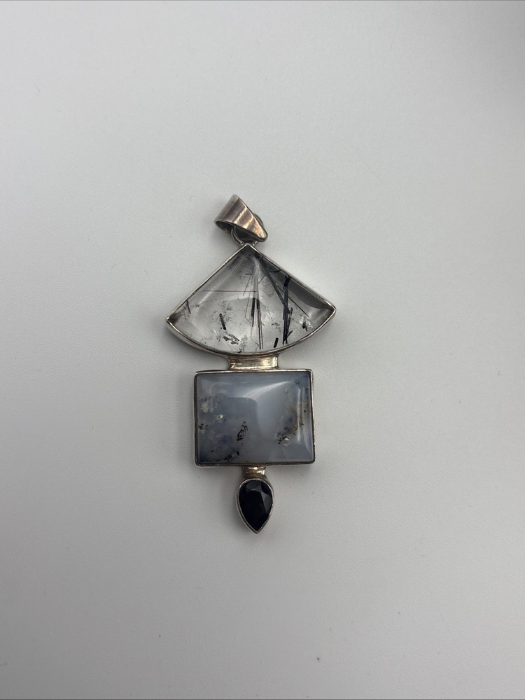 925 Sterling Silver Vtg Rutilated Quartz Gray Blue Agate And Black Oynx Pendant