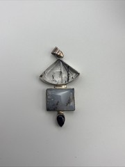 925 Sterling Silver Vtg Rutilated Quartz Gray Blue Agate And Black Oynx Pendant