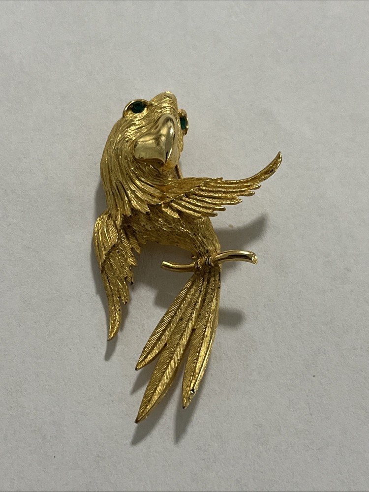 Vintage Signed Lind-Gal Parrot Brooch Gold Tone GRN Rhinestone Eyes—-(Y)