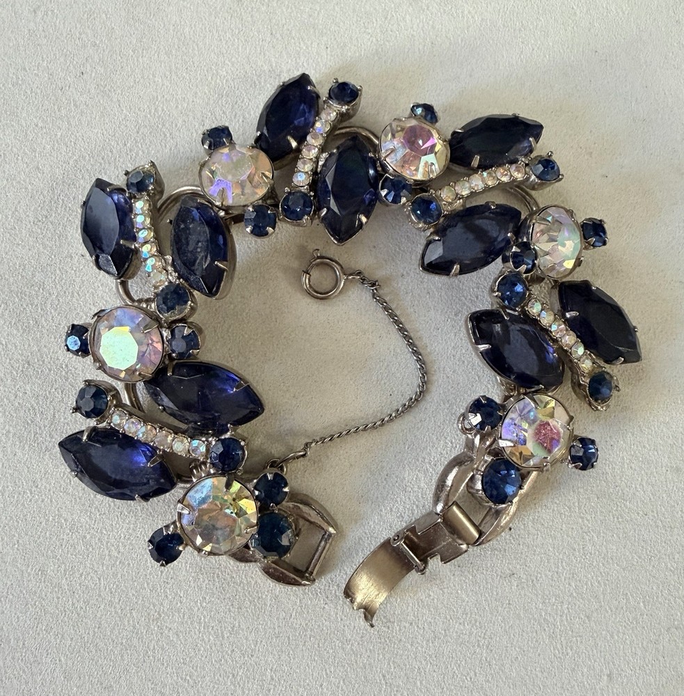 Vintage JULIANA D&E 5 Link Bracelet Navy Blue Rhinestone AB Crystal Book Piece!
