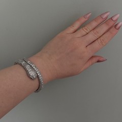 Snake Serpent Bracelet Clear CZ Green Eyed Silver Tone Sparkly Hinged Bangle