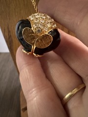 Vintage Panda Rhinestone Hinged Pendant Necklace Hidden Lucky Charm Gold Tone
