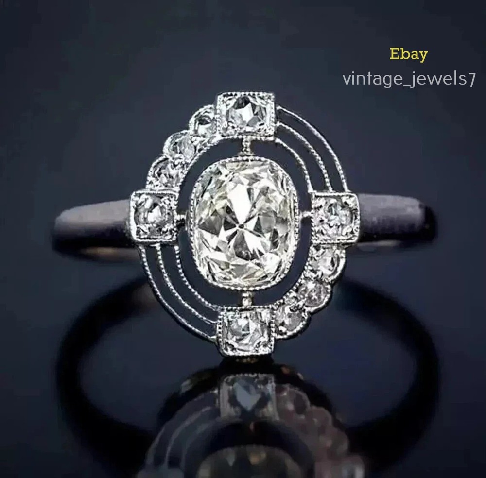 Cushion Halo 2CT Lab Created Diamond Art Deco Vintage Antique Ring 14K Gold Over