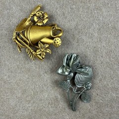 Vintage Brooch Pin Lot OMC Signed Gold Watering Can & Silver Rose 80s 90s