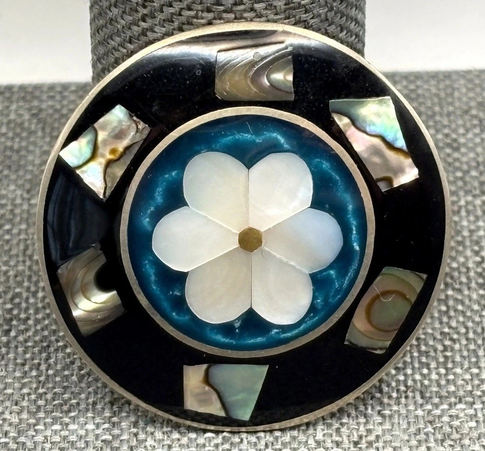 Vintage Mexico Alpaca Silver Mother of Pearl Abalone Flower Brooch Pin Boho