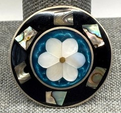 Vintage Mexico Alpaca Silver Mother of Pearl Abalone Flower Brooch Pin Boho