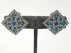 BLUE RHINESTONE SPARKLY DIAMOND SHAPE CLIP ON EARRINGS SIGNED LAVINTAGE CHINA