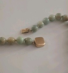 Vintage 1950s Natural Jade 10 Mm.Bead Necklace with A Gold Filled Clasp Knotted
