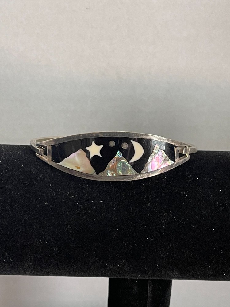 Vintage Bracelet Mexico Alpaca Silver Celestial Abalone Mother of Pearl Inlay