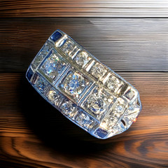 Original EARTH MINED DIAMOND Deco Statement Ring PLATINUM Sapphire 14K GOLD Band