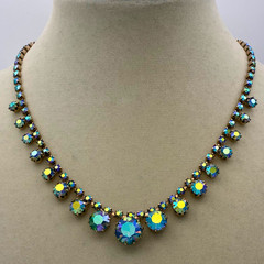 Vintage Aurora Borealis Rhinestone Fringe Necklace Brass Gold Tone 16″