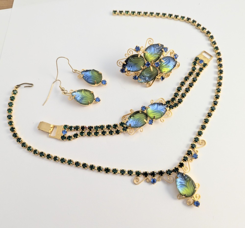 Vtg Juliana Style Molded Green Blue Givre Glass Rhinestone Costume Jewelry Set