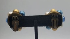 Vintage Cluster Beaded Clip On Earrings Blue Gold White Matte Shiny Beads