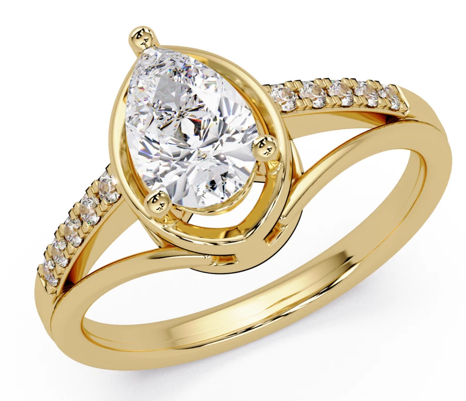 10K Yellow Gold FN 1.28TCW Pear & Round Cut White Moissanite Engagement Ring