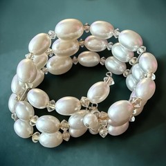 Faux Pearl Bracelet Memory Wire Crystal Multi Strand Wrap Cuff Vintage
