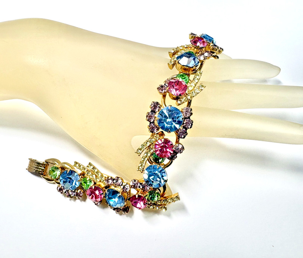 Vintage DeLizza & Elster JULIANA Gold Pastel Blue Pink Green Rhinestone Bracelet