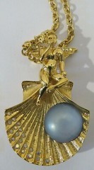 Vintage KIRKS FOLLY Fairy Angel Shell BLUE Faux Pearl Brooch Pin Necklace Chain