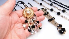 Glamorous Vintage Black Crystal Glass Bead Necklaces Earrings 6pc Necklace Lot