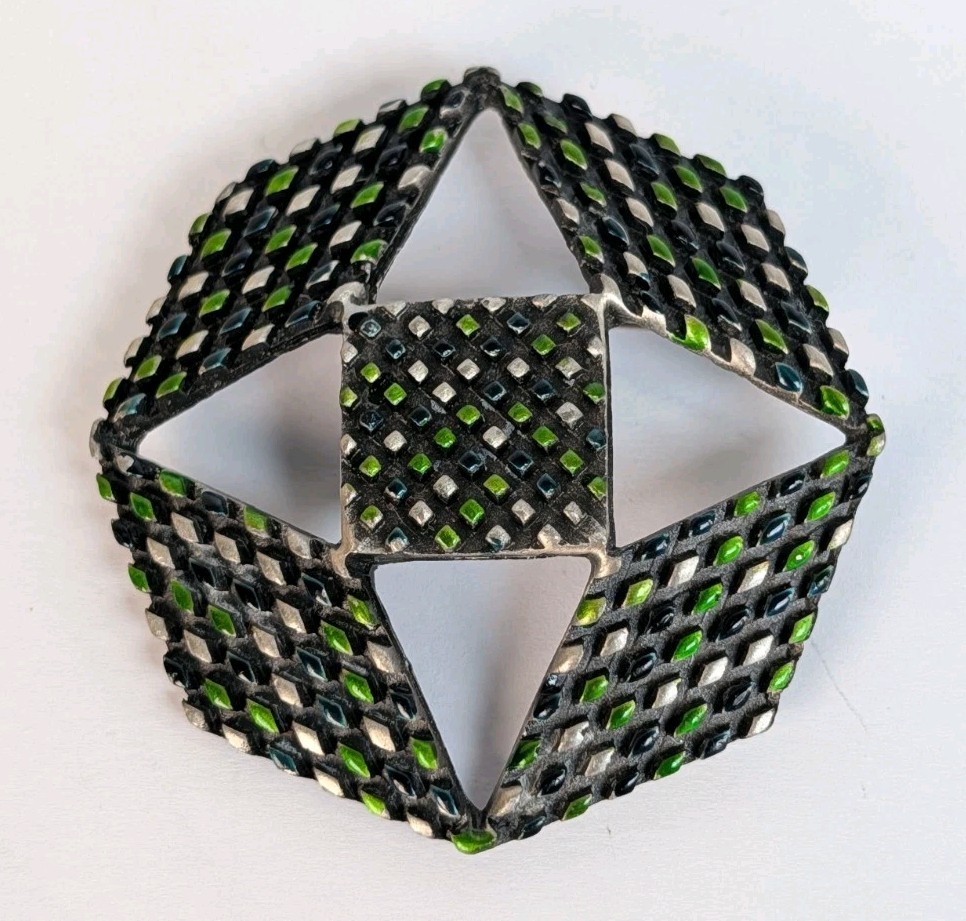 Vintage Antiqued Silver Ornate Email Design Geometric Octagon Brooch / Pin