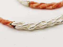3 Strand Twisted White Rice Pearls/ Coral Necklace With Gold Colored Beads 24″