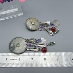 VTG 80s Post Earrings Dangle Metal Tassel Multi Color Acrylic Beads Blue Purple