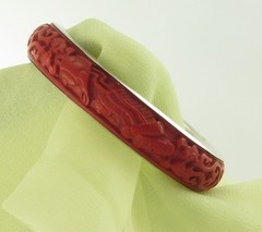 Carved Chinese Cinnabar Bangle Bracelet BJ 925 Silver; Tea Ceremonial Service