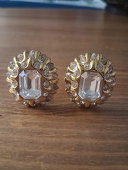 St. John Vintage White Crystal Rhinestone Goldtone Clip Earrings
