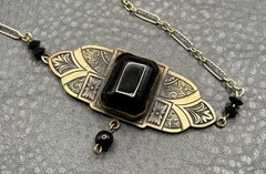 Vintage Art Deco Gold Tone Black Glass Pendant Necklace Chain 20”