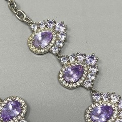 Purple Glass Rhinestone Necklace Silver Tone Links Teardrops Party Glam 20″
