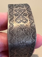Primitive Vintage Engraved Cuff Bracelet Silver Plated Mixed Metal w/ Copper